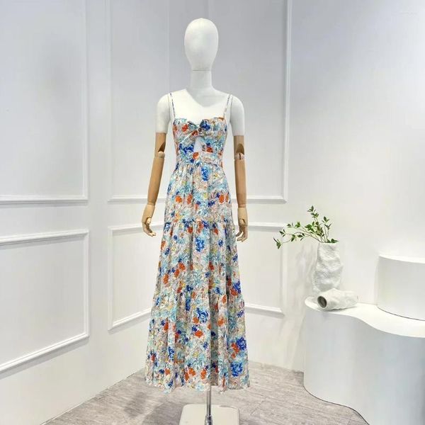 Sıradan Elbiseler 2024 İlkbahar Yaz En Kalite En son Koleksiyon Keten Çiçek Baskı Ön kesim midi Slip Lady