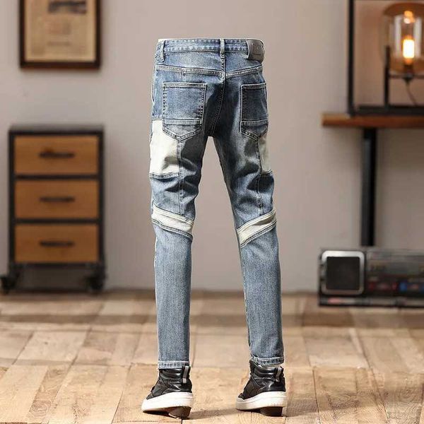 Herren Jeans 2024High-End Herren Hergen trendy Retro Street Personalisiertes Design Slim Fit Skinny Motorcycle Hosen Q240509