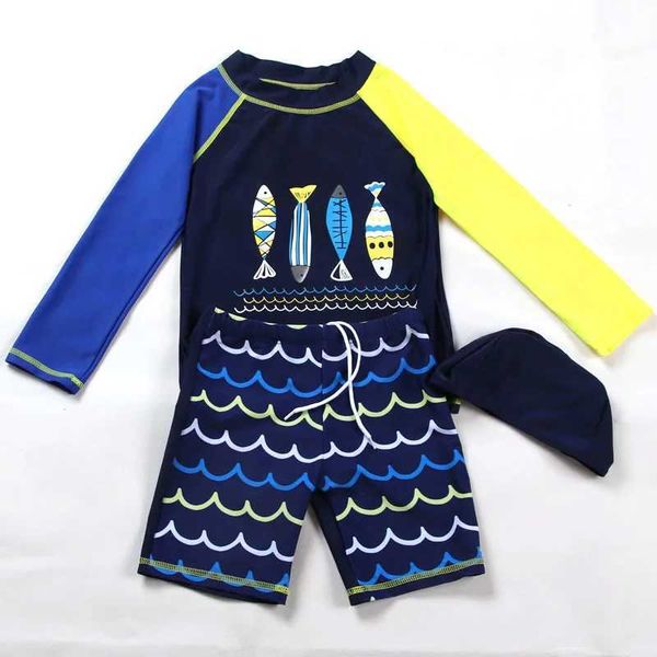 Meninos de duas peças, garotos de duas peças, protetor solar de manga longa velha, seco rápido, traje de banho de seco infantil cartoon de cartoon de praia de praia H240508