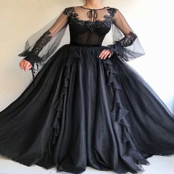 2019 schwarze gotische Brautkleider mit langärmelig