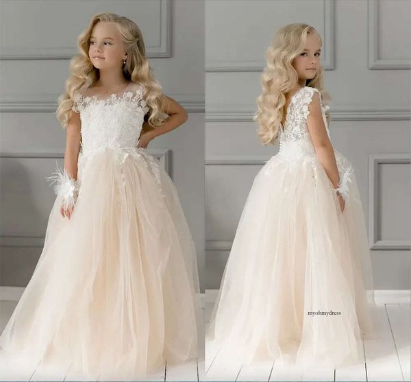 Süße Champagner-Spitzenblumenmädchen Bögen Kinder Erste Kommunion Prinzessin formelle Tüll Ballkleid Hochzeitsfeier 4-8 Jahre 0509