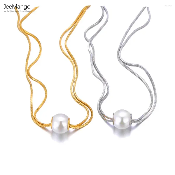 Catene catene jeemango a doppio strato 16mm imitazione collana per matrimoni in acciaio inossidabile perle per donne oro placcato JN23042