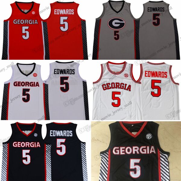 Сшитый NCAA Georgia Anthony 5 Edwards Basketball College #5 Красный белый серый рубашка