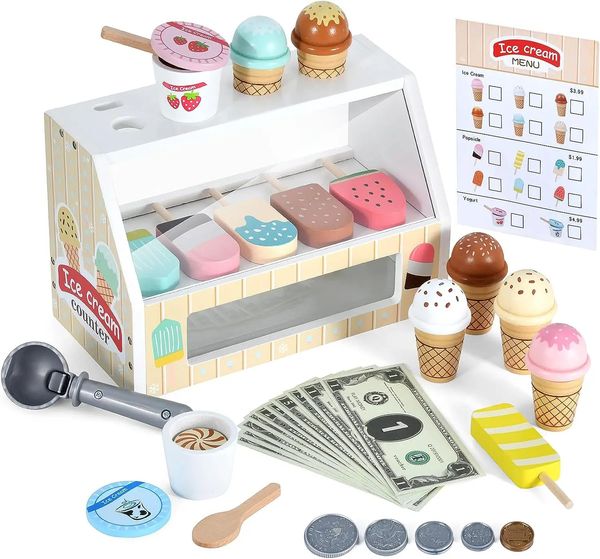 Playset de balcão de sorvete de madeira para crianças toys montessori fingir brincar com alimentos acessórios de cozinha 240507