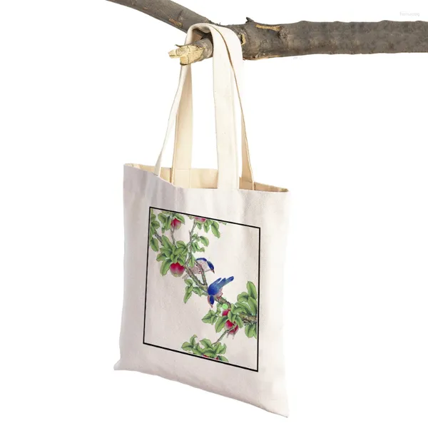 Sacchetti della spesa inchiostro cinese uccello e fiori da donna sacchetta cartone animato stampa animale canvas lady tote shopper supermercato