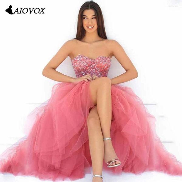 Partykleider Aiovox Luxus Blumendruck Abend Elegante Spitze trägerloser Tülllosen Vestidos de Gala A-Line Knöchel Länge Abschlussball