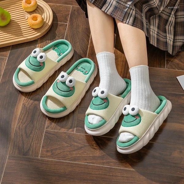 Slippers home linen linearn não deslize confortável homem respirável homem homem externo sapatos de plataforma mudo interior casal cartoon fofo