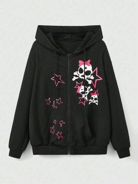 Hoodies femininos Sweet Pink Stars Skulls Impressa Zipper Hoodie Mulheres confortáveis de lã quente Casual fêmea de rua casual