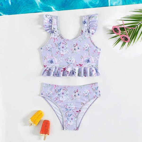 Femminile femminile ragazze a due pezzi stampa floreale a due pezzi viola bikini set rouffles maniche da bagno estate indossare 5-14 anni