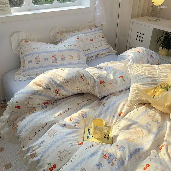 Defina a cama Princesa romântica francesa Girs Ruffles Lace Duvet Capa Lheet com travesseiros Têxteis de colaboração floral