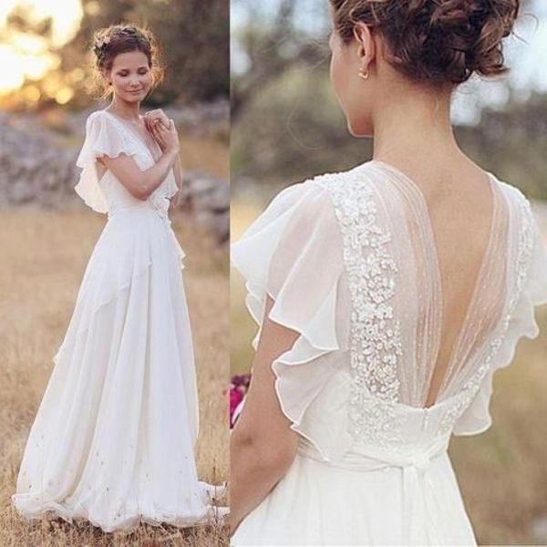 Abiti da sposa boho in chiffon estivo a-line con maniche fluttuanti sexy a v sul collo corto treno di treno informali per l'abito di prova della cena 2973