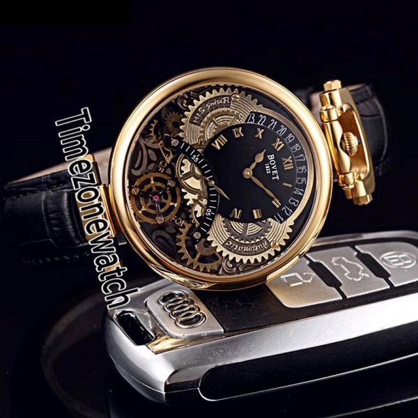 Bovet Amadeo Fleurier Tourbillon Swiss Quartz Mens orologio giallo Skeleton Nero Dialcatore Roman Segnali in pelle nera TimeZonewatch E10b 216T