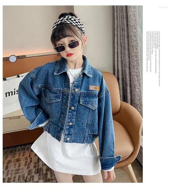 Jackets 2024 Kids Spring e Autumn Corean Girls 'Jeans de jeans curta casual Moda infantil Jaqueta de manga comprida 4-12T