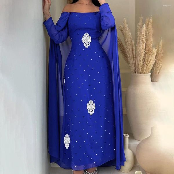 Ethnische Kleidung muslimisches Chiffon-Kleid für Frauen Dubai Abayas Vintage Blume off-theulder-Robe Femme Slim Long Sleeve Turkey Kaftan