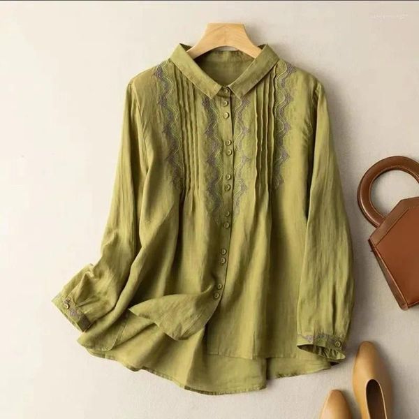 Blusies femininas Bordado em estilo chinês primavera/verão camisa vintage linho de algodão solto mulheres tops roupas de moda ycmyunyan