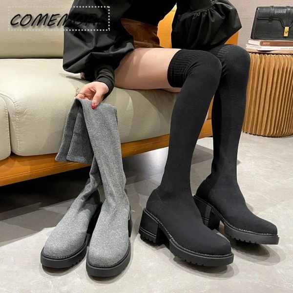 Botas longas para mulheres outono sobre a plataforma de moda elástica e elástica do joelho