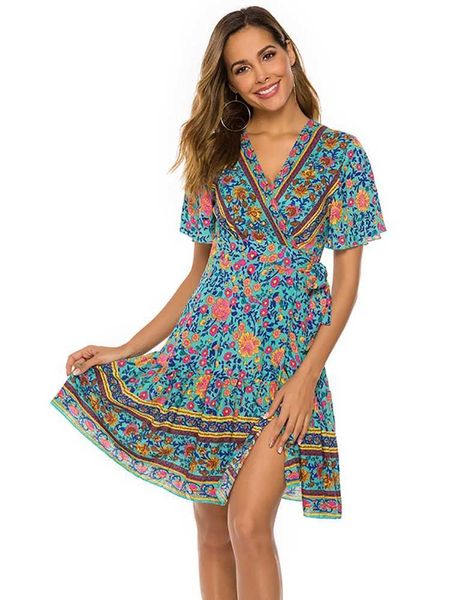 Abiti casual di base Fitshinling DP V Neck Summer Wrap Dress Stampa Floral Sexy Dance Wear Slim Sexy Short Short Women Women Come T240508