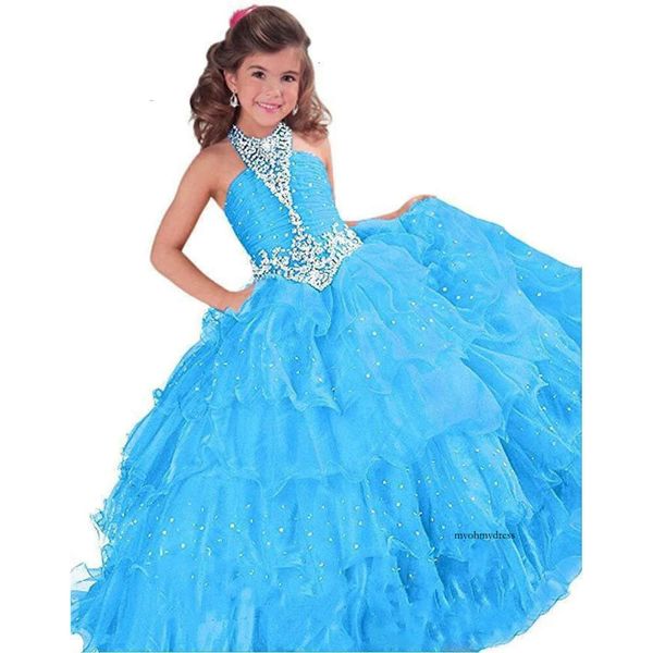 Vestido de baile azul royal vermelho laranja tule brilho menina de flores para casamentos bished novas meninas vestidos de concurso Little Toddler Kids 0509