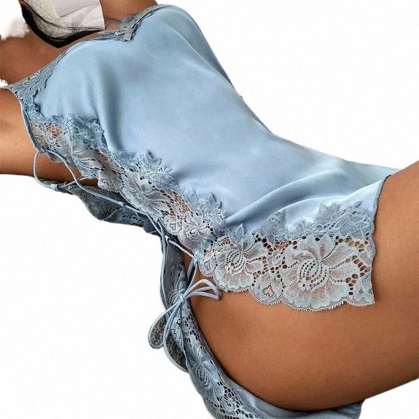 Mulheres do sono feminino Mulheres sexy pijama camisola erótica cetim confortável sono lateral bandagem hollow out lingerie renda de baixo corte pajama v6mn#