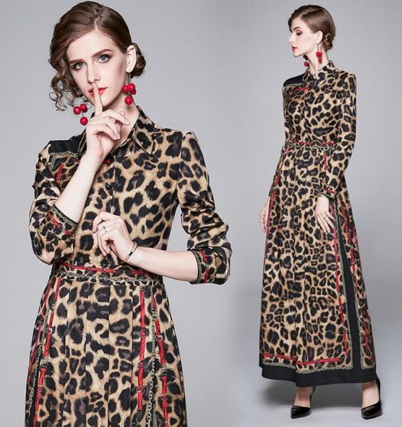 Frump Summer Runway Runway Vintage Leopard Chain Stampa del colletto Impero a manica lunga Women Ladies Casual Party Maxi Dress Wh5972398