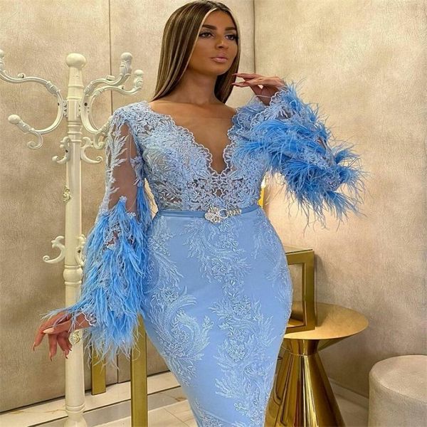 Vestidos de noite azul luxuosos Feather Aplique Lace Sexy Sheer Sleeves Longo Mermaid Party Fester Use Torno