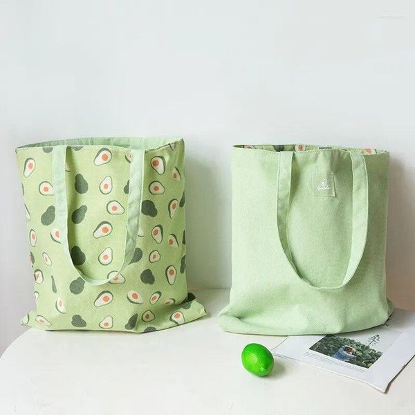 Omuz çantaları moda baskı çanta pamuklu ve keten plaj cep depo çantası çift taraflı çift kullanımlı meyve alışveriş bakkal