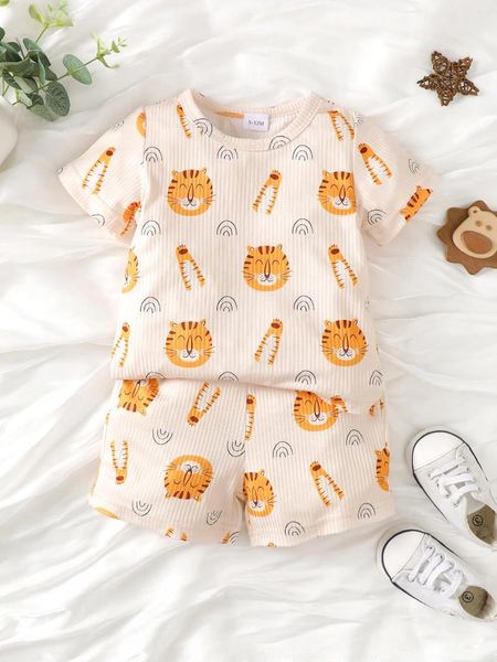 Kleidungssets, die für kleine Jungen geeignet sind, um zu Hause mit niedlichen Cartoon Tiger Muster T-Shirt Shorts Anzug zu entspannen