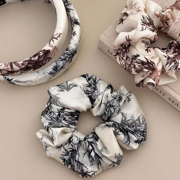 Saç klipsleri Çin tarzı retro mürekkep bambu baskılı saçrop şık scrunchie saç bantları kadınlar için elastik kravat