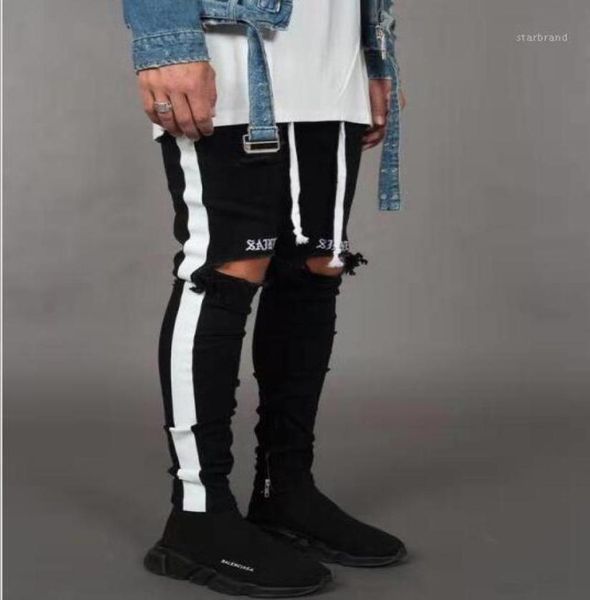 Novo moda masculina Jean Street Buracos Black Designer White Stripes Jeans Hiphop Skateboard Pants Homme3342485