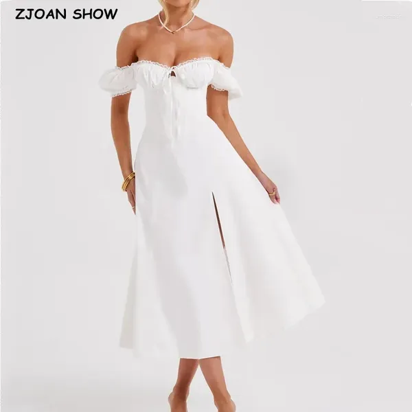 Abiti casual sexy allacciatura incrociata bandage posteriore abito a manicotto sbuffato donna in stile corsetto fiocco arco rotantolo orlo sgabello swing tone tone midi bianco