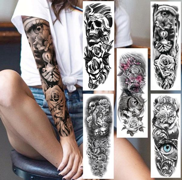 Adesivo per tatuaggi temporanei a braccio pieno di braccio pieno per uomini donne donne realistiche cranio rosa fiore body art 3d impermeabile tattoos3202499