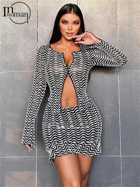 Abiti da lavoro Inwoman Fall White Striped 2 Set di gonne da due pezzi Abbigliamento da strada per donne 2024 set di bottino con cerniera a maniche lunghe