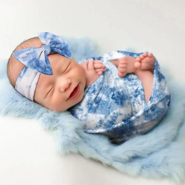 Battaniyeler Pamuk 2pcs/Set güzel bebek kundaklama battaniye ile kafa bandı cilt dostu bowknot erkekler için