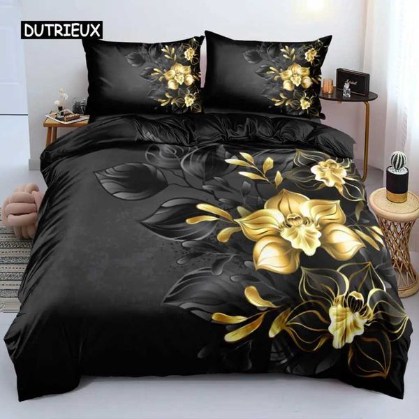 Conjuntos de roupas de cama Principal 3D Flor Down Down Duvet Conjunto de roupas de cama Tampa de travesseiro 220x240 Tamanho Black Home Fabric J240507