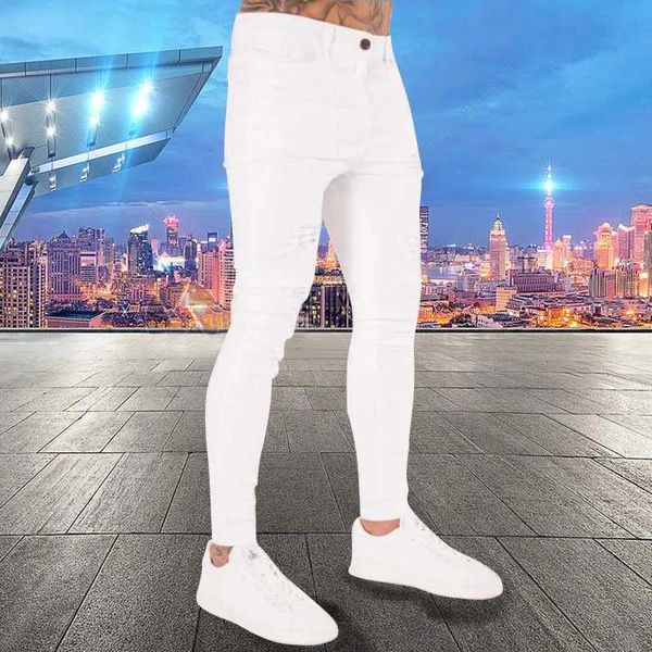 Jeans masculinos 2021 New Mens Ultra Thin Fashion Tear Hole Tight Destruído Pontas de Denim Roupas de Rua de alta qualidade q240509
