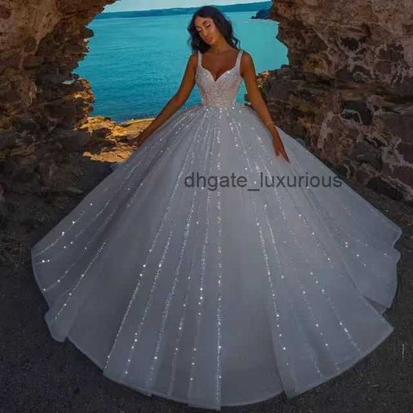 2023 Abiti da sposa in tulle lucido Bling Bling Elegiat Abiti da sposa Illusione Luxury Beautiful a Line Scollo Appliques Abito da palla da ballo su misura