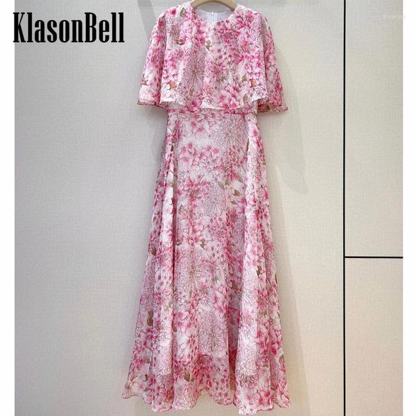 Partykleider 4.17 Klasonbell Ankunft elegant rosa Blumendruckkleid für Frauen Cloak Design O-Neck Kurzarm A-Line Maxi