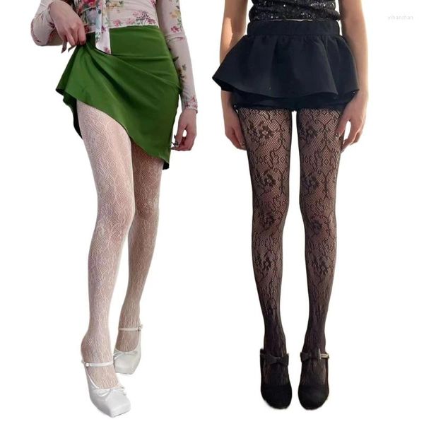 Meias mulheres esvaziavam as meias de meia -calça de pesca com renda de renda Goth Flor Courtly Flor Jacquard Sheer Mesh Tights F0T5