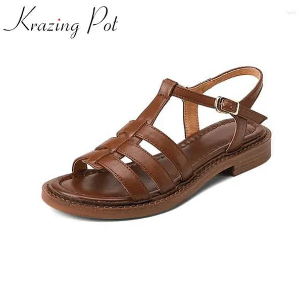 Sapatos casuais krazing pote vaca couro lazer formal peep dedo de pé gladiador de verão estilo fivela de fivela grossa saltos baixos sandálias retro mulheres mulheres