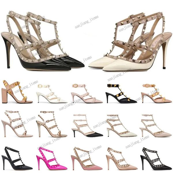 Frauen besetzt Riemchen Heels Sandalen Stiletto -Ferse Nieten Pumpe Spitze Zehen Slingback Logo Objektträger Doppelte Dreifachgurtschuh Heeled Hochzeitskleiderschuh 6 cm 8 cm 10 cm