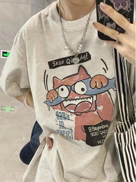 Coppia di moda maschile maschile a maniche corte pesanti pesi massimi uomini di cotone puro in versione coreana T-shirt cartoon per donne y2k top