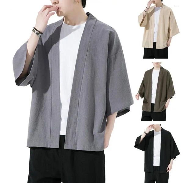 Camisas casuais masculinas linho solto Cardigan de cores sólidas de linho aberto estilo chinês Mangas de três quartos de mangas suaves e respiráveis secos rápidos homens