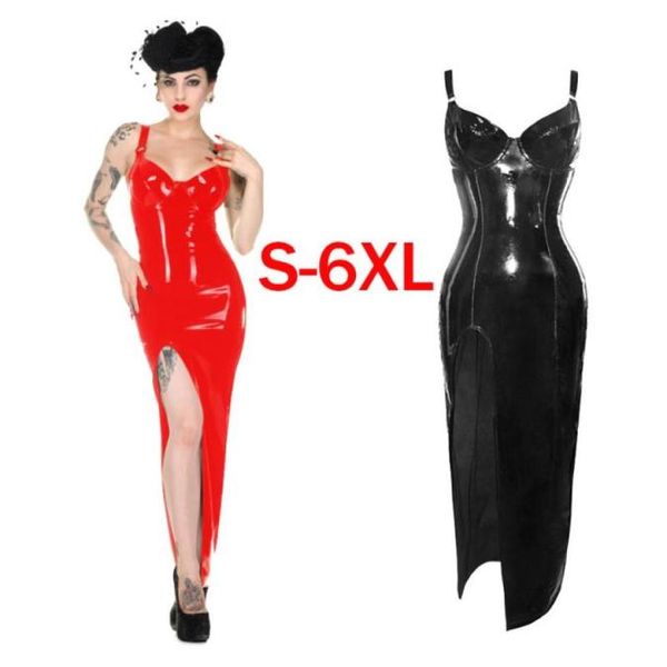 Lässige Kleider plus Größe 4xl 5xl 6xl PVC Bondage Leder sexy Träger Hoch geteilte Hülle Lange Maxikleid Frauen Schwarz Red Club Wear5778304