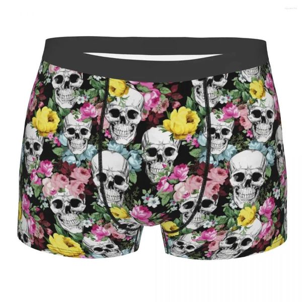 Underpants Rose Blumenschädel Muster Unterwäsche Männer gedruckt angepasstes Halloween Gothic Boxer Shorts Shorts Höschen weich