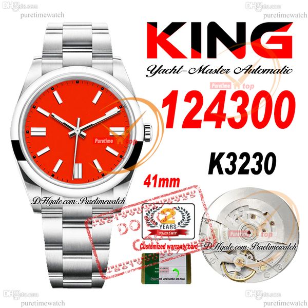 124300 K3230 Mens Automático Assista King King 41mm Buzel Coral Red Stick Dial 904L Aço de aço Bracelet Super Edition MESMO