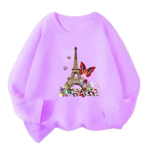 Camisetas de camisetas da moda Tower Eiffel Torre impressa Meninas T-shirt Spring e Autumn Cotton Top T-shirt Casual Manga longa T-shirtl240509