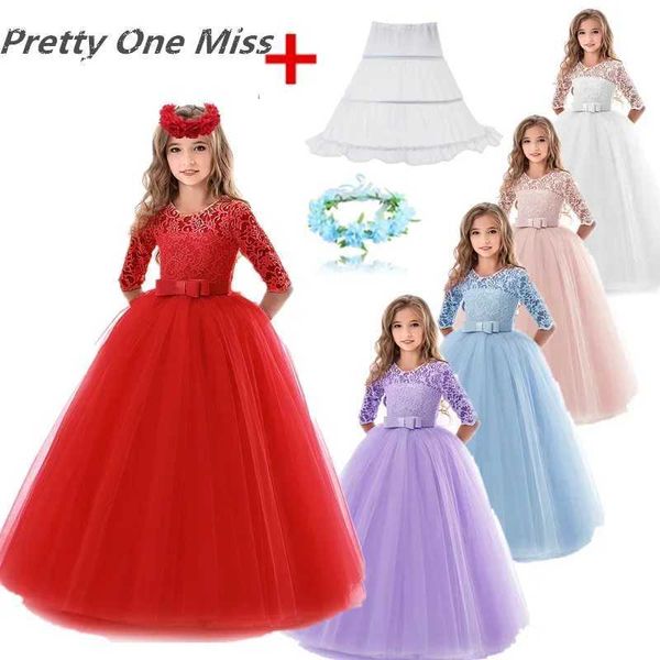 Vestidos de menina Princesa adolescente Princesa formal vestido longo vestido de natal vestido de dama de honra Crianças Roupos de festa de renda de renda para meninas T240509