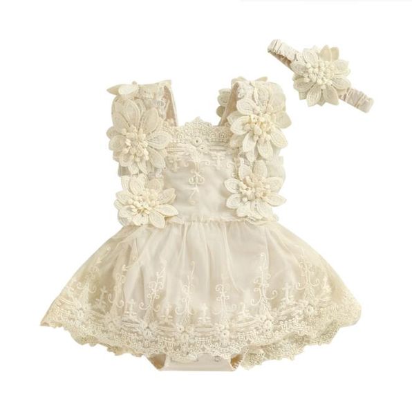 Dantel Çiçek Prenses Bebek Kız Kıyafetleri Parti Çocukları Romper Drss Yaz Kıyafetleri Kafa Bantlı Kilsiz Bodysuit