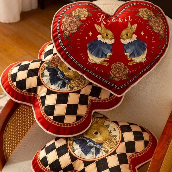 Joyful Red Check Heart Heart Kaninchenkissen Chic Samt gefülltes weiches Kissen für Sofa Büro Ruhe Wurf Liebe Präsentation Stuhl Bettwäsche Deco 240508
