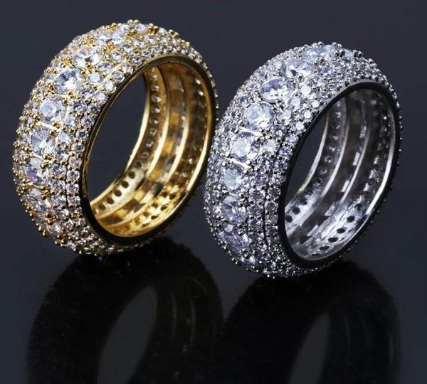 Novo anel masculino anel vintage Hip Hop Jewelry Zircon Iced out aço inoxidável Rings Gold Silver Plated Cinco fila Jóias de moda